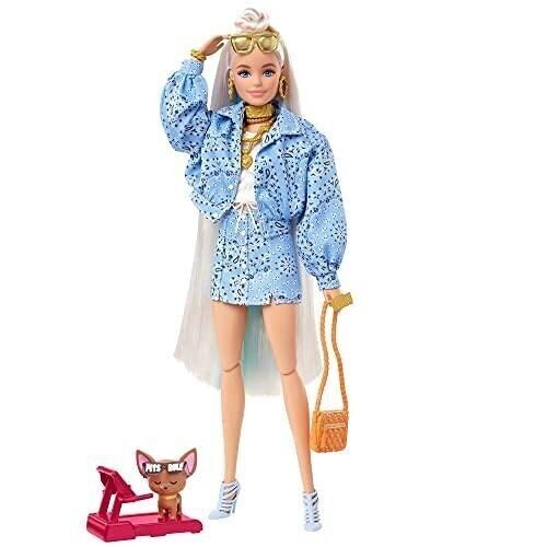 Mattel - réf : HHN08 - Barbie - Poupée Mannequin Extra n° 16 avec Jupe et Veste Bleues à Motif Cachemire, très longs cheveux - Figurine Chiot et Accessoires