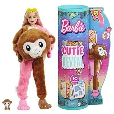 Mattel - ref: HKR01 - Barbie - Bambola Cutie Reveal della serie Jungle con costume da scimmia di peluche - Bambola modello di moda