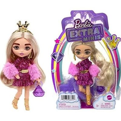 Mattel - ref: HJK67 - Barbie - Mini Muñeca Extra n° 6 (14 cm) con Vestido de Lentejuelas y Manoplas de Pelo, con base y accesorios