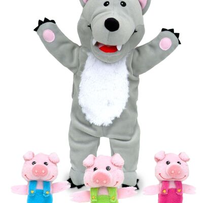 Big bad wolf with 3 little pigs hand & finger puppet set