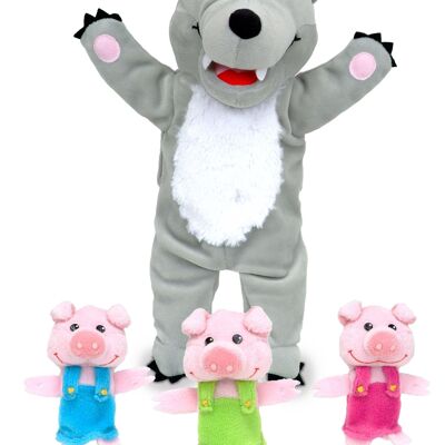 Big bad wolf with 3 little pigs hand & finger puppet set