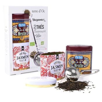 2 thés verts bio + cuillère à café de jasmin filtre 50g + menthe 35g 2