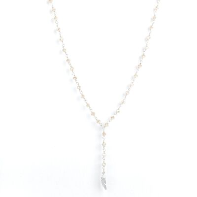 Collana lunga con rosario a catena dolce - Agata bianca e piuma - ESSENTIELS