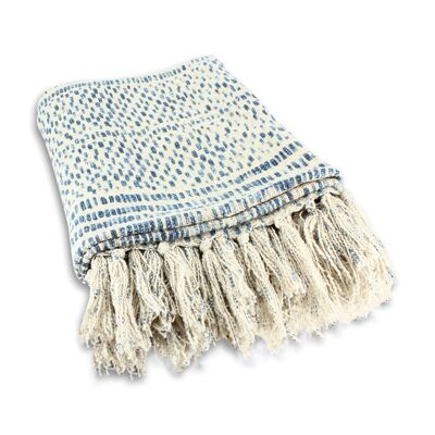 FRINGED THROW IN SEA BLUE PRINTED COTTON 140X250CM RECIFE