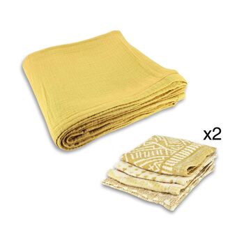 NAPPE 150X250CM AVEC 8 SERVIETTES DE TABLE EN GAZE DE COTON JAUNE MIMOSA CAMARO 1