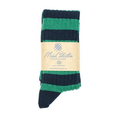 Miss Emerald-Navy Striped Wool High Socks
