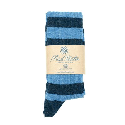 Miss Striped Wool High Cane Sock Light Blue-Navy