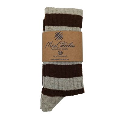 Miss Brown-Beige gestreifte Wollsocke mit hohem Schaft