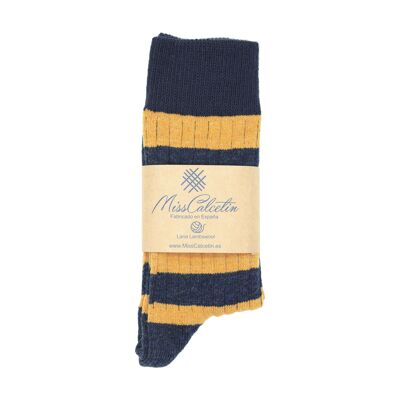 Niedrige Cane-Socken aus gestreifter Wolle in Gelb und Marineblau von Miss