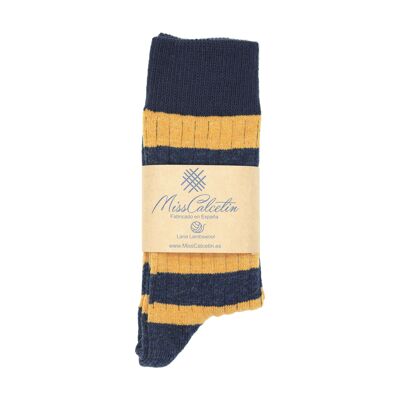 Miss Chaussettes Basses En Laine Rayée Jaune-Bleu Marine