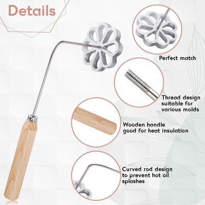 Tortillada - Juego de 4 buñuelos con mango de madera Juego de moldes para gofres de hierro con forma de roseta con 3 formas (estrella, flor, círculo)