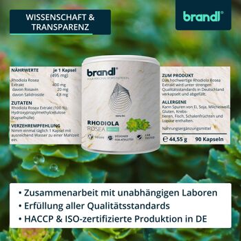 Brandl® Capsules d'extrait de Rhodiola Rosea à dosage élevé | Premium roseroot végétalien et testé en laboratoire externe 5