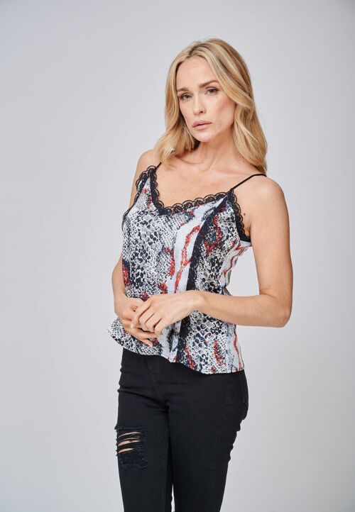 The Lea Reversible Snake Print Mult Coloured Lace Trim Cami Top