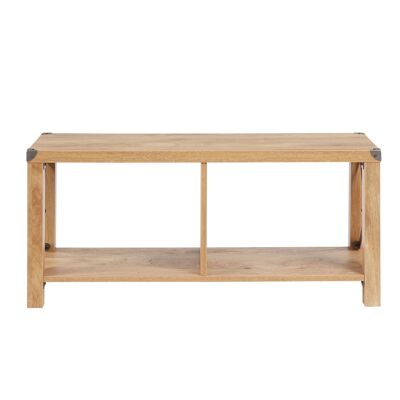 Mueble de almacenaje con mesa y banco de estilo rústico con detalles metálicos en efecto madera