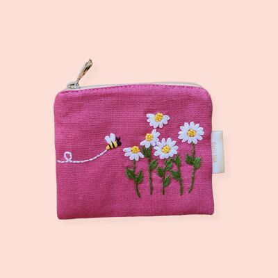 hand embroidered floral botanical purse - pink