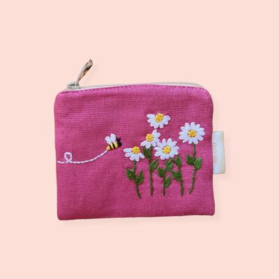 monedero botánico floral bordado a mano - rosa