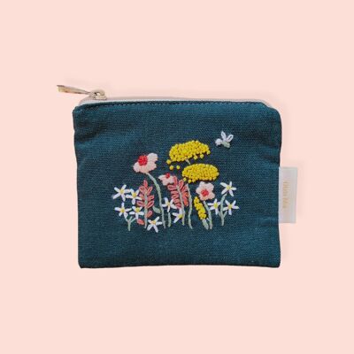 hand embroidered floral botanical purse - dark green