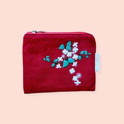 hand embroidered floral botanical purse - red