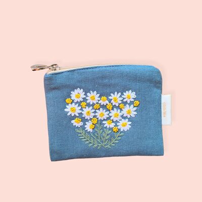 hand embroidered floral botanical purse - light blue