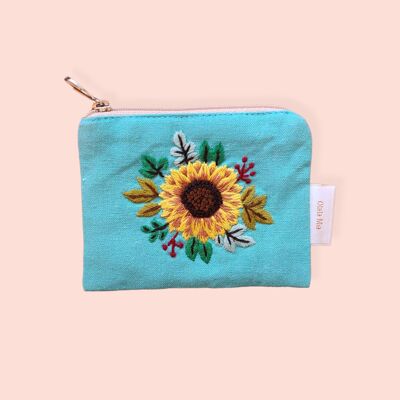 monedero botánico floral bordado a mano - azul turquesa