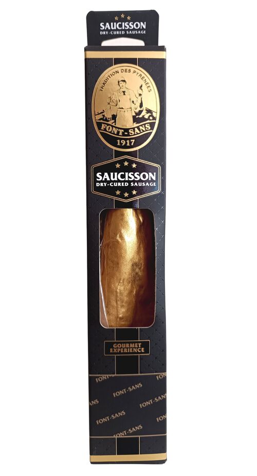 Saucisson Royal Gold foie gras IGP Périgord "le seul saucisson au monde à  l'OR 24 carats"-Font Sans
