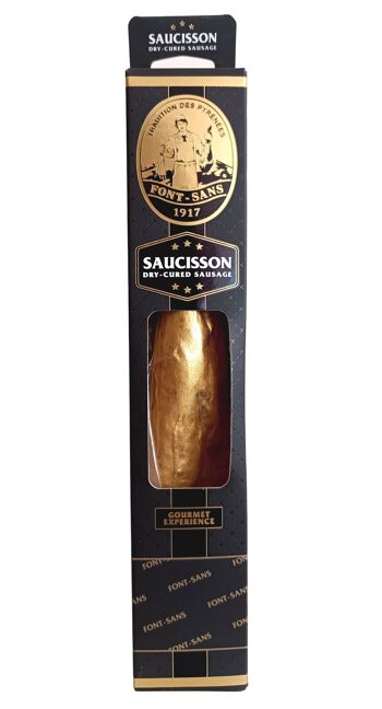 Saucisson Royal Gold foie gras IGP Périgord "le seul saucisson au monde à  l'OR 24 carats"-Font Sans 1