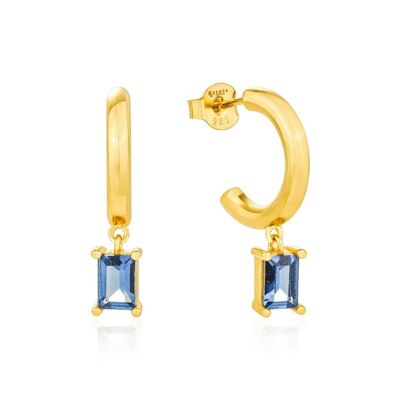 Aretes de aro con dije de baguette de caramelo azul, oro de 18 quilates en plata de ley