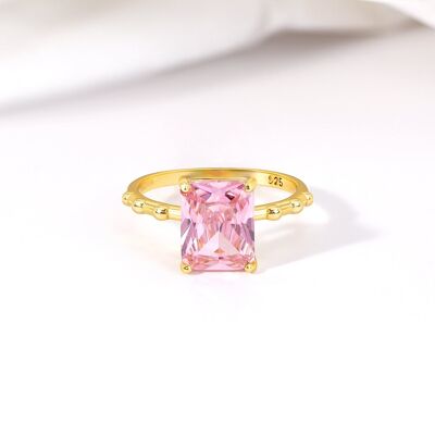 Anillo de cóctel llamativo con circonita rosa y oro de 18 quilates en plata de ley