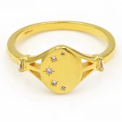 Celestial Starburst Dainty Minimalist Oval Signet Ring 18ct Gold Vermeil