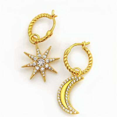 Celestial Moon & Star Pavé Charm Hoop Earrings 18ct Gold Vermeil