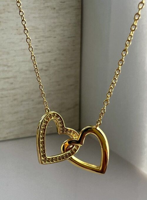 Cara Interlocking Double Heart Pendant Necklace 18ct Gold on Sterling Silver