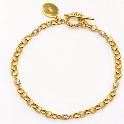 Bracciale Chicago T-BAR Belcher con catena Rolo in oro 18 carati Vermeil con zirconi