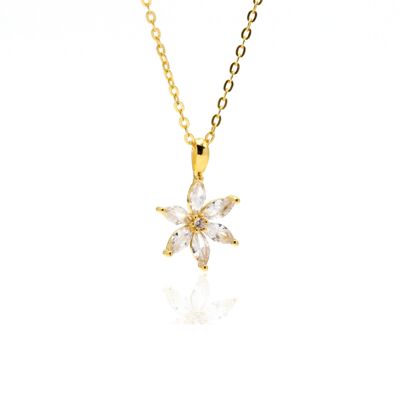 Collier pendentif marguerite fleur marquise pétale zircone or 18 carats sur argent sterling