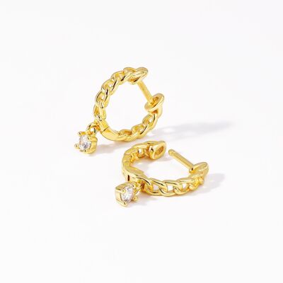 Pendientes de aro pequeños Huggies con cadena de eslabones Lilly y gota de zirconia, oro de 14 quilates en plata de ley