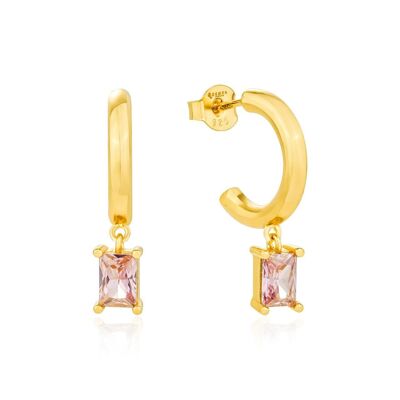 Pink Candy Baguette Charm Hoop Earrings 18ct Gold on Sterling Silver