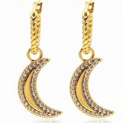 Selena Crescent Moon Pavé Charm Hoop Earrings 18ct Gold Vermeil