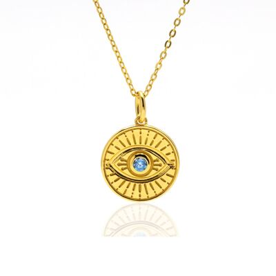 Colgante Talisman Evil Eye Coin Suerte Collar de Oro Vermeil de 18kt