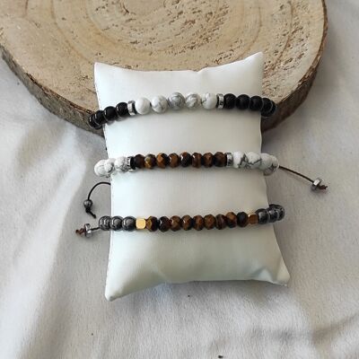 set of 3 men's natural stone cord bracelets 6 mm