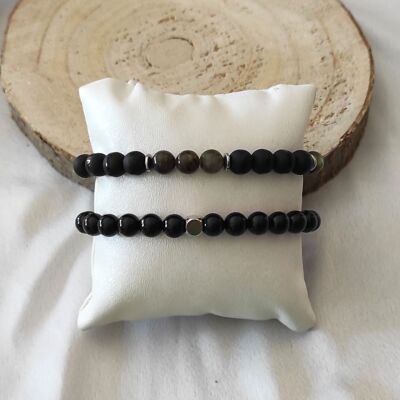 set of 2 men's natural stone bracelets onyx beads 8mm