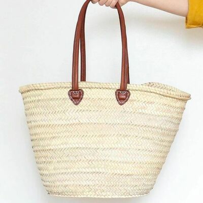 STRAW BAG Handmade with leather, French Market Basket