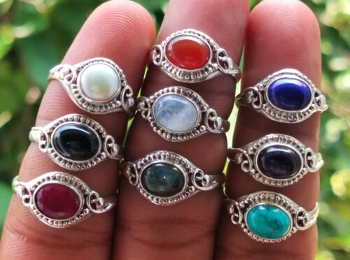 Pack of 9 Pieces 925 Sterling Silver Handmade Rings With All Different Semi-Precious Gemstones