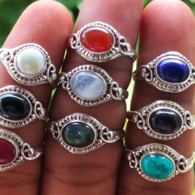 Paquete de 9 piezas de anillos hechos a mano de plata esterlina 925 con todas las diferentes piedras preciosas semipreciosas