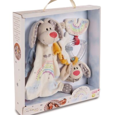 Ensemble doudou & anneau hochet protection lapin,