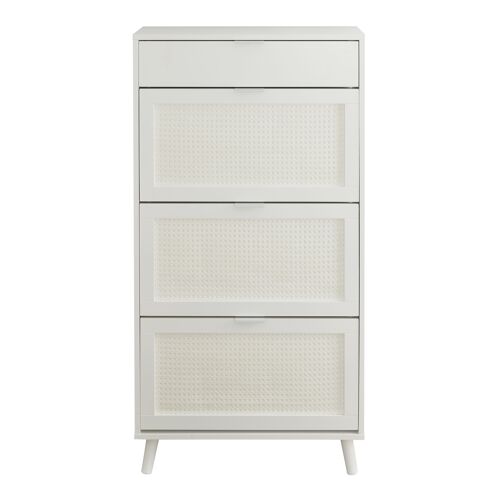 Rattan Detail Shoe Storage Cabinet with Dropdown Drawers in White