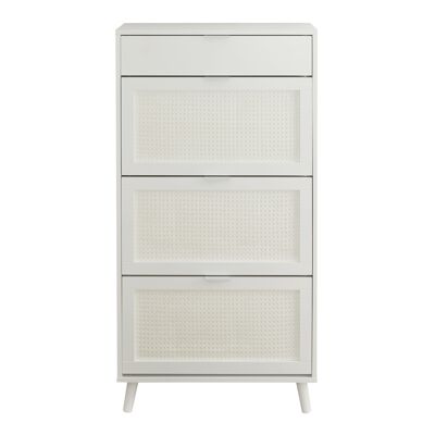 Rattan Detail Shoe Storage Cabinet with Dropdown Drawers in White