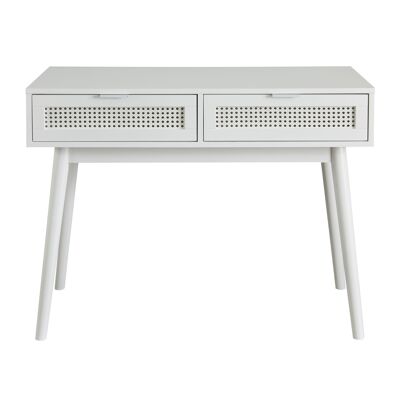 Console Table Desk in Rattan Style with Drawers in White