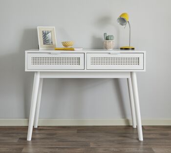 Bureau de table console de style rotin avec tiroirs en blanc 3