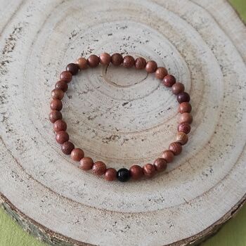 bracelet élastique perles bois et perle solo pierre naturelle onyx 6mm 2