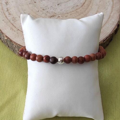 bracelet élastique perles bois et perle solo pierre naturelle hématite argenté 6mm