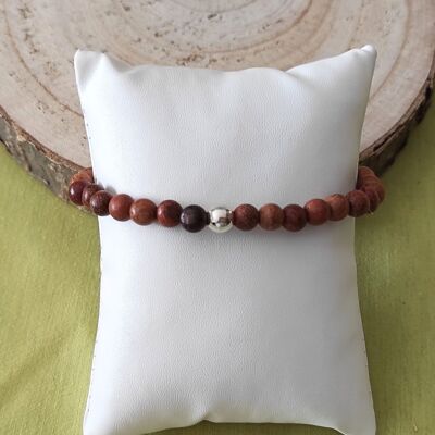 elastic bracelet wooden beads and solo bead natural stone hematite silver 6mm